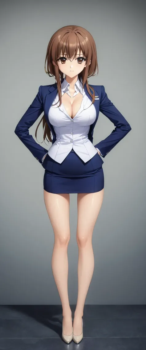 Megumi Kato,  1 girl, Alone, bangs,  brown hair, (((Female lawyer, ( formal suit micro mini skirt,   Micro Mini Pencil Skirt),  white shirt,   Navy Blue Jacket,Big Breasts、 cleavage、Thin legs、The white panties are visible from the hem of the skirt,The whit...