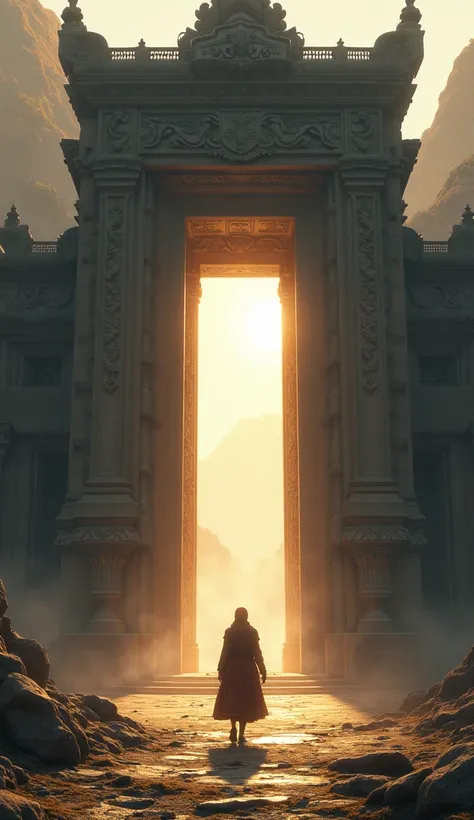 create a large temple with open doors and a person entering