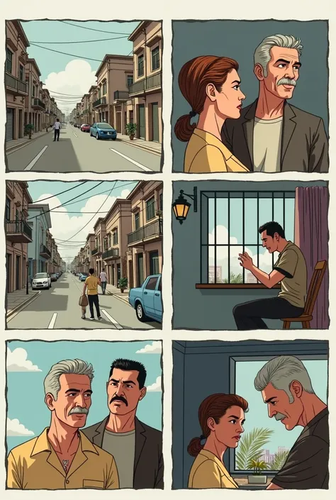 Create me a comic (6 vignettes)  from the story of Alignment by Julio Ramón Ribeyro 