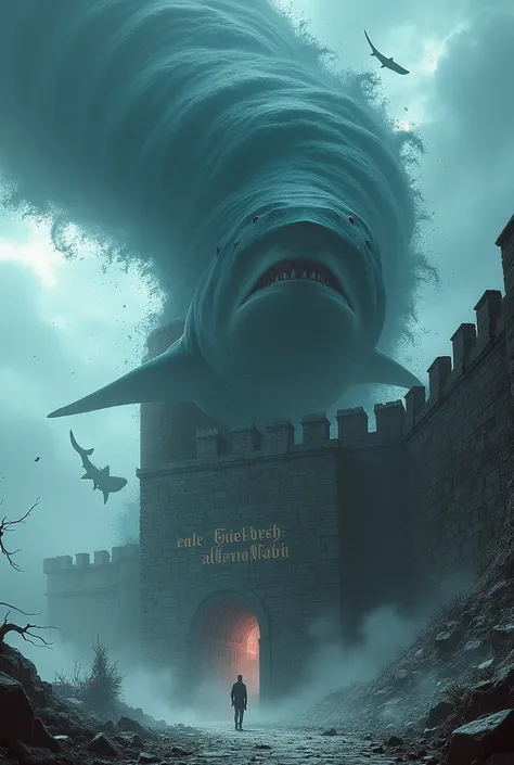  A Shark-nado destroys a fortress with the inscription "Lilli-Gräber-Halle " 