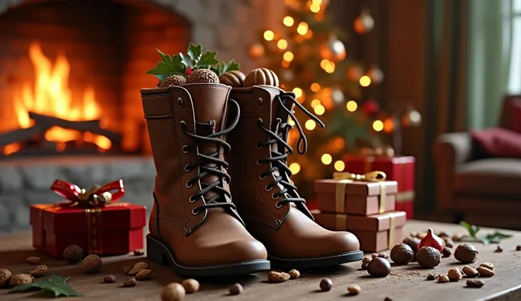 s boots with gifts, chocolates, and nuts for Saint Nicholas Day. Christmas lights and fireplace