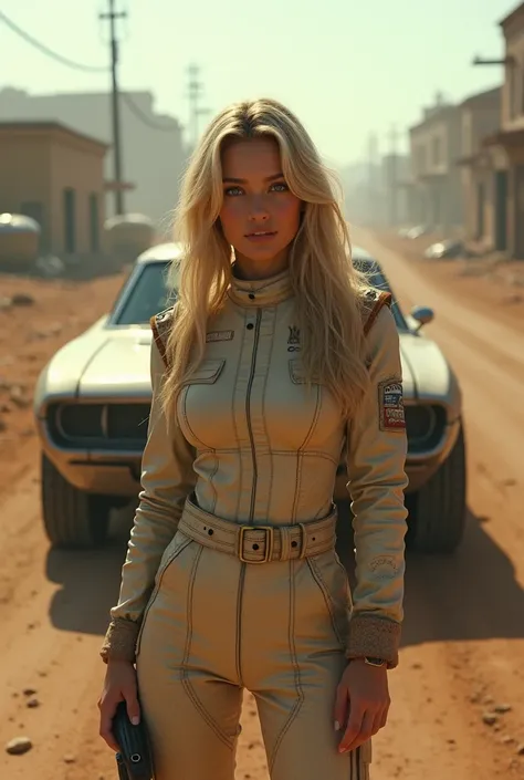 beautiful blonde woman in racing driver outfit, standing in front of a car on a dirt road, dystopian world