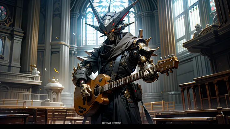  dark _  standing in concert hall 、 fantasy standing in a church,  cyberpunk  , playing guitar ,1 person,Mechanical Wonders ,The presence of robots,  Cybernetic Guardian ,Cool Mans Face 