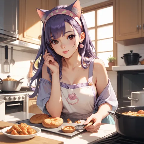  Purple Long Hair Looking at Sea Brown Eyes， Headband Cat Ear Headband ， Girl with Sheer and Cute ，Cooking in the Kitchen 