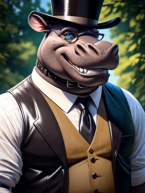 Solo, close up, Male, fat, extremely obese, gentleman, dapper Professor Hippopotamus, blue eyes, wearing a top hat, wearing a glossy leather collar, wearing the leather collar and necktie at the same time, (posing:1.3), (soft shading), 4k, hi res, ((detail...