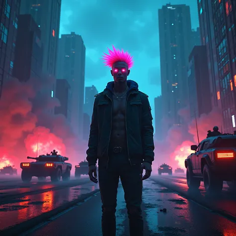  cyberpunk night landscape with neon, man in the center with neon hair , robotic eyes, war in the background