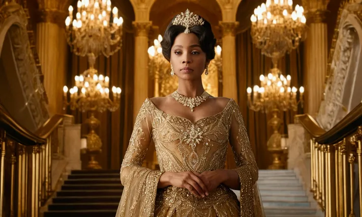 A regal queen wearing a golden gown with intricate embroidery stands on a grand staircase. Her expression is serene yet commanding. The background shows blurred palace columns, chandeliers, and rich drapes, 60% blurred. Her face is radiant, clear, and shar...