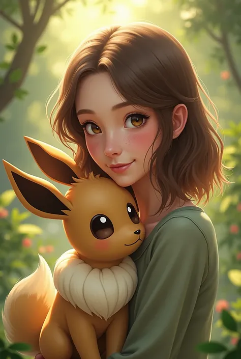 Eevee accompanied by a young woman, cheveux brun et blond qui arrivent aux épaules, brown eyes,  freckles