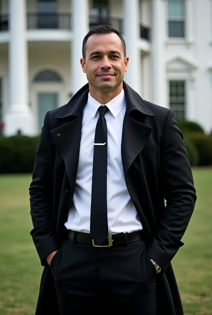 Dan Bongino wearing black pants with white shirt and black tie and black Trench coat with very short black hair wearing with ear piece in standing in front of the White House 