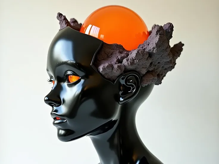 A futuristic, abstract sculpture of a human head with glossy, liquid-like textures in black and orange hues. The head is partially fragmented with sharp, rocky protrusions in dark gray and purple shades. A vibrant orange glass orb sits atop, partially embe...