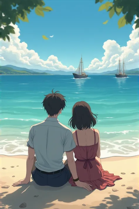 Anime man and woman sitting the same on a beautiful wartime beachfront