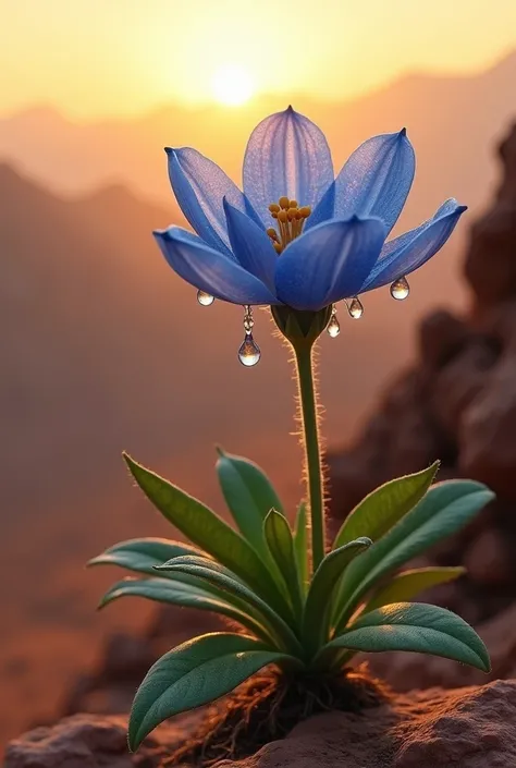 a baby girl, wearing white gown,, a valley on Mars with a flower-covered mountainscape at sunset, in the foreground, a silky, shiny green blue black-petaled flower with transparent glistening dewdrops cascading between its leaves, rooted in stone on the ed...