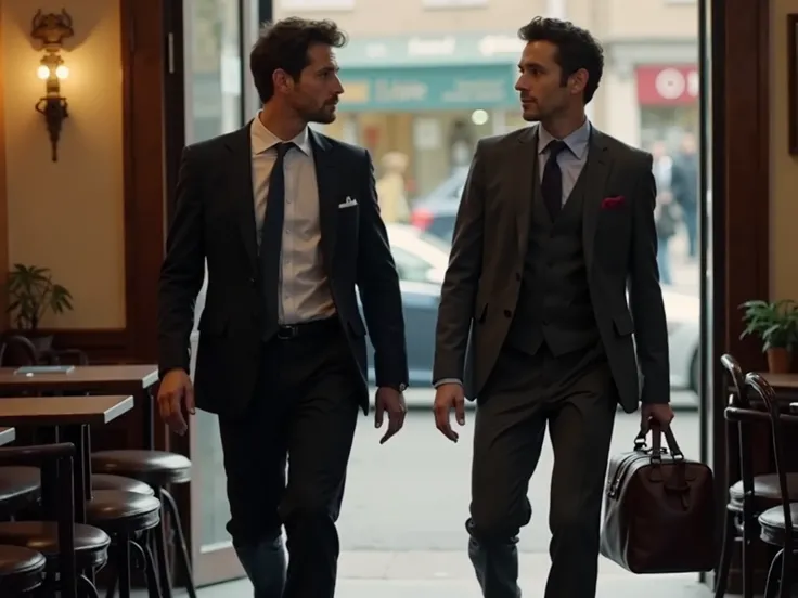 Dylan’s friend walks into the café, dressed in a crisp suit and carrying a leather bag. Their confident stride contrasts sharply with Dylan, who looks up with quiet surprise. The blurred café background highlights the sharp difference between the two.