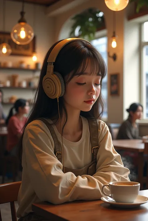 realistic images of a girl listening to music and coffee shop in the background