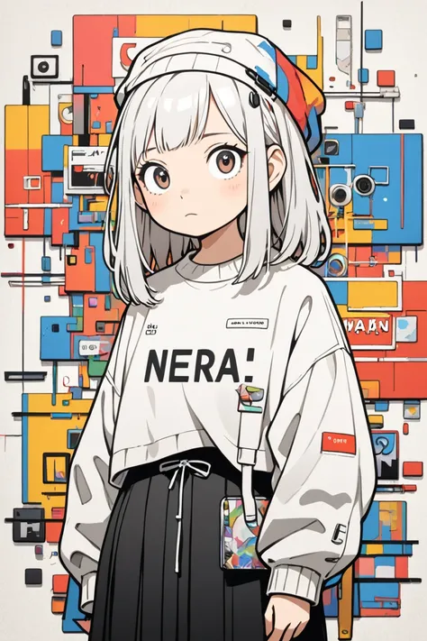 Ultra-realistic Hayao Miyazaki style, Simple line acronym abstract art, stylish design, (((Background is discarded))), Street Style, The most beautiful girl ever, playing