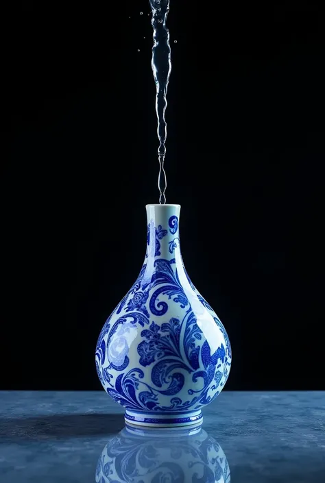 Excess Water flowing out of a beautiful slim blue tribal print bulb shaped vase . It is against a black background