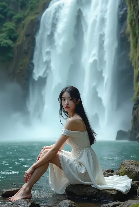 visible from afar, very beautiful faced Asian woman with long hair wearing very elegant short-sleeved dress is sitting on rocks at the edge of a very beautiful waterfall and looks beautiful,her hands play the water , face facing towards the camera very rea...