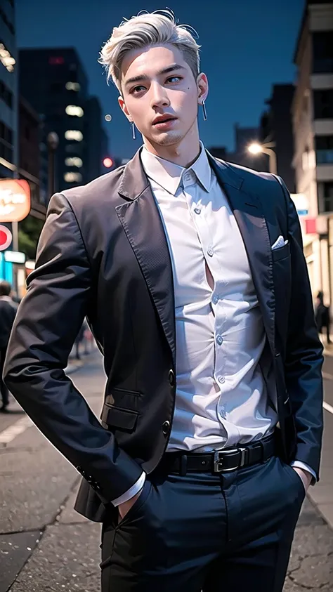 (8k photo, best quality, masterpiece:1.2),(realistic, photo-realistic:1.37) young ,handsome man, Mark Tuan, Got7, white skin, detail face, grey bright eye, white hair, black suit, bad boy, yakuza, tattoo, smoke cigarrate, a lots gangster night town in back...