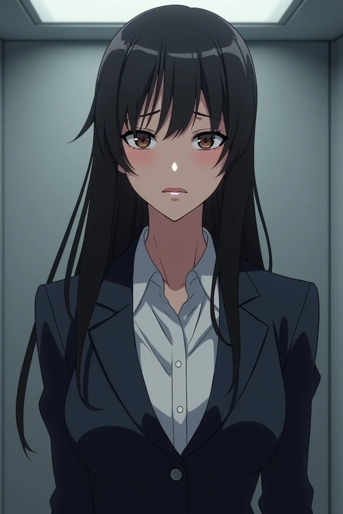 A sharp and sensitive 28-year-old Korean female boss with long dark hair wearing a perm is wearing a suit and looks at you with a frowning face,  anime 