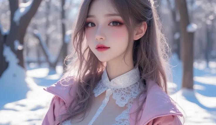 (masterpiece, Best picture quality, 8k), Real photo,Idol appearance,  perfection of fashion, frontal, Korean makeup, Lip Tint, bust, A faint smile,A park covered with snow, Clear weather, Exquisitely Painted , Realistic, Outdoor,  ultra high definition , 3...