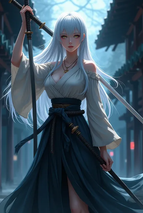 anime woman, white long hair, cute, samurai outfit, holding up a ultra long katana, anime concept, ronin outfit, dark anime concept