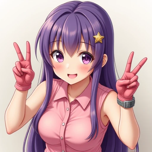 Hosono Ai , Gloves, tongue sticking out, tongue,  long hair, star (symbol), Watch viewer, ( purple hair: 1.2), Purple Eyes,  upper body,  hair ornament, Raffle, pink  shirt, smile,  sleeveless,  shirt, Idol, symbol shaped pupil, 両 raise your hand, bangs,  ...