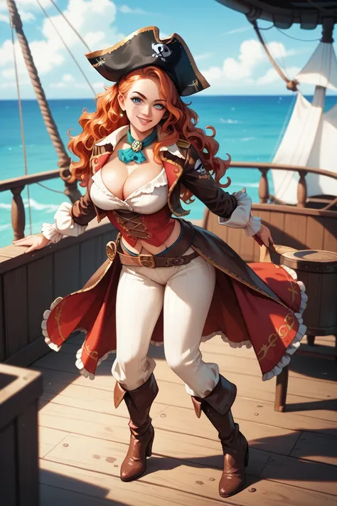 (Master Piece) The Art of Art , best quality, expressive eyes, perfect face, anime style, 25 years old woman, full body, redhead wavy hair, blue eyes, large breasts, pirate outfit. standing on a Pirate ship.