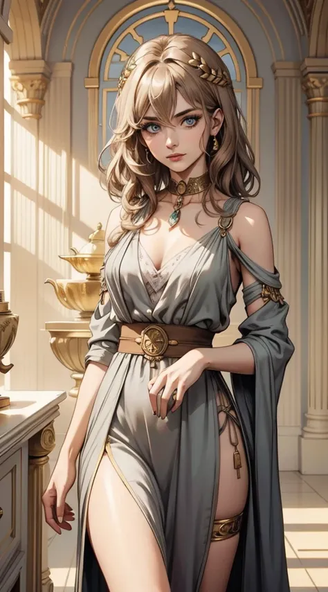 (high-quality, breathtaking),(expressive eyes, perfect face) 1girl, female, solo, young adult, chestnut-brown color hair, light skin, pale light blue eye color, medium hair length, wavy curly hair, black dress with gold trim, tunic, Greek Goddess, Ancient ...