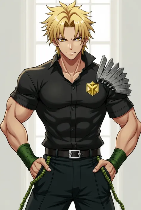 anime, boy wearing black top  ( those worn by soccer players) with metal shoulder pads  ( the bare abdomen , black military pants with strings on the sides  (green strings)  and green wristbands , the boy must be well-groomed blonde with a handsome tuft , ...