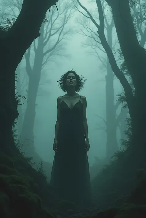 My wife with short hair ,  beautiful in the forest in the fog of loneliness is a scary place scream from the heart