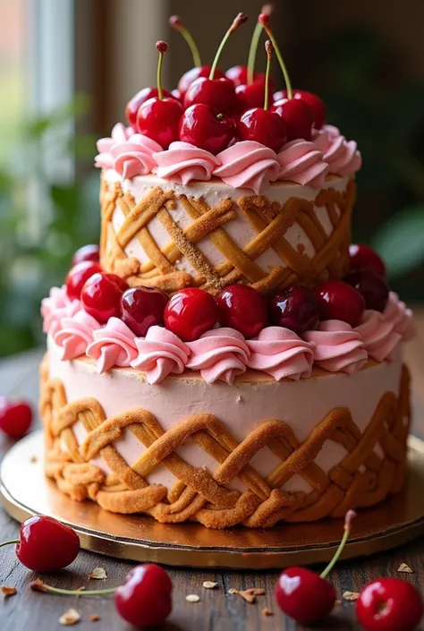 On the table ,	 the appearance of a two-tier cake decorated with red and very creamy cherries 
exhilarating.	 Draw a two-tier cake at a close distance by emphasizing to the appearance of ,  of the form 
and braid .  Color your work . Make it look realistic...