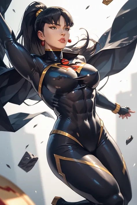 Sexy superwoman flying,black suit,tight suit,detailled and strong abs,gold details,black hair ponytail,