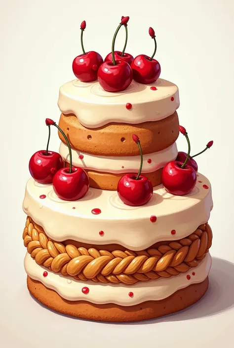 On the table ,	 the appearance of a two-tier cake decorated with red and very creamy cherries 
exhilarating.	 Draw a two-tier cake at a close distance by emphasizing to the appearance of ,  of the form 
and braid .  Color your work . Make it look like a ph...