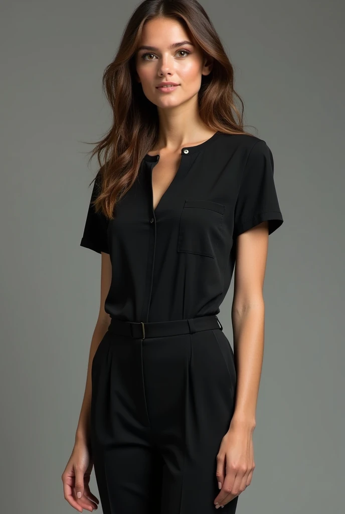 blouse:

type: knitted suit ,  short sleeve round neck V-neck bias neck pocket on the left upper chest,  sleeves with rounded shoulders with smooth stitching fitted to the arms 

Color :  Specific  (#194053),  a professional dark shade .


pants:

material...