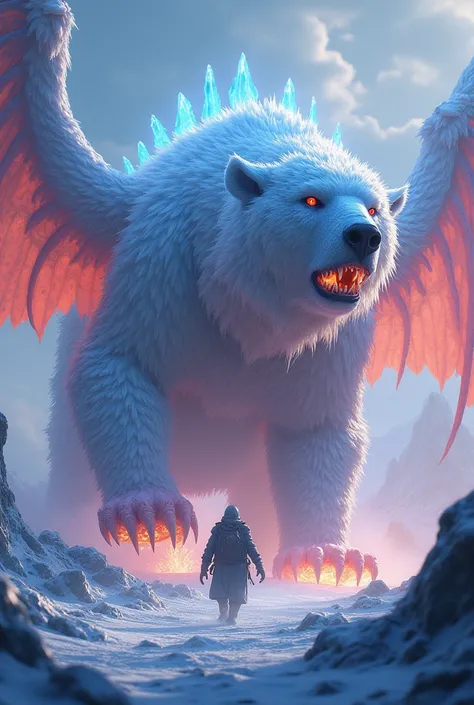 A blend of a polar bear, a phoenix, and a giant spider, with fur that burns like cold flames and massive icy fangs. Its wings drip fiery embers that freeze as they fall.
Background: A frozen tundra with glowing volcanic fissures, casting light that dances ...