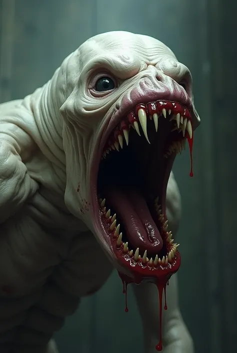 Large-mouthed monster ,  with white skin with sharp teeth and blood. Blind and whose mouth reaches the eyes