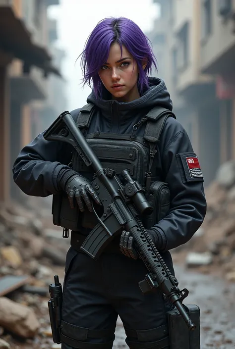 A female Airsoft player using loudout from PMC black, Put purple highlights on your hair.