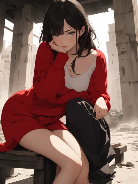  A sad  ,  Sad eyes ,  Im crying fast , ( fearful expression ),  shy expression ,  Horrified expression ,  , realistic, ( She wears wide panties ), (Urban Ruins ), } Sitting on a broken armchair,  She wears protruding ,  soft panties ,  completely loose in...