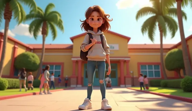 An 3d animated disney pixar style scene of A teenage girl, , with wavy chestnut hair and warm brown eyes, wearing a casual outfit of jeans, sneakers, and a hoodie. She stands in front of a Florida high school entrance, clutching a backpack. The background ...