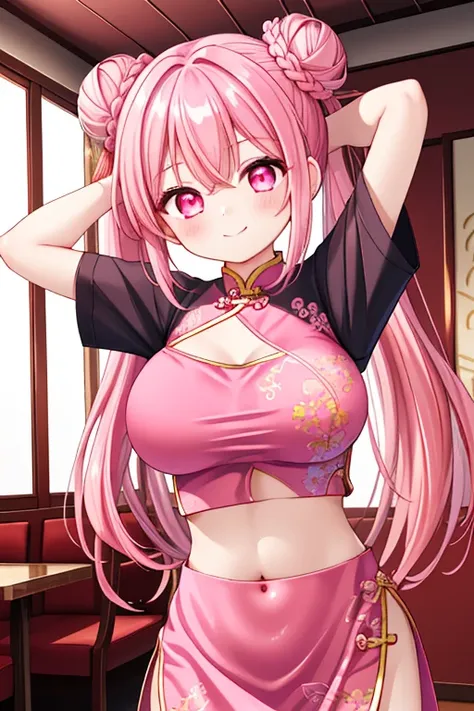 1girl, best quality, looking at viewer, kawaii, shiny skin, shiny clothes, pink outfit,china dress, crop top, midriff peek, navel cutout, navel, midriff, bare stomach, gigantic breasts, long hair, pink hair, double bun, bun coverr, pink eyes, smile, arms u...