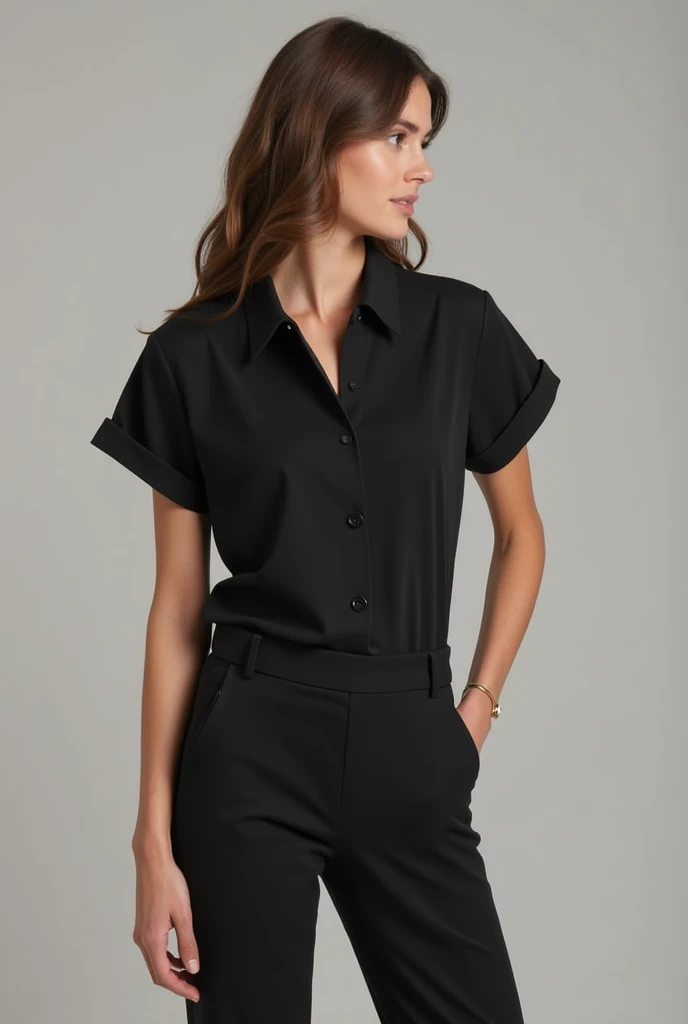 blouse:

type: blouse larga para usar por dentro,  not fitted .

color:  Specific  (#194053),  a professional dark shade .

neck:  V-shaped , simple and functional .

sleeves: short,  without button ,  with a slightly ruffled design in the seam,  inspired ...