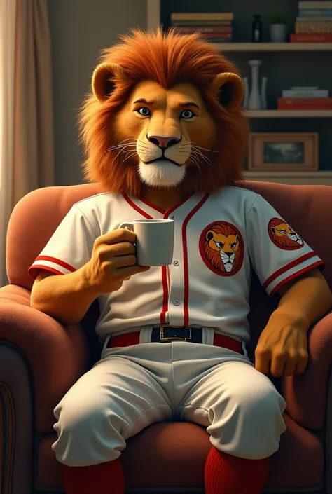 The Lion King in uniform as a baseball player with the lions face symbol sitting on a sofa drinking coffee