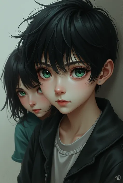  black-haired boy,  white skin ,  looking in front ,  black eyes,   with a girl peeking out from behind him, 19-year-old dark hair and green eyes , hiding  