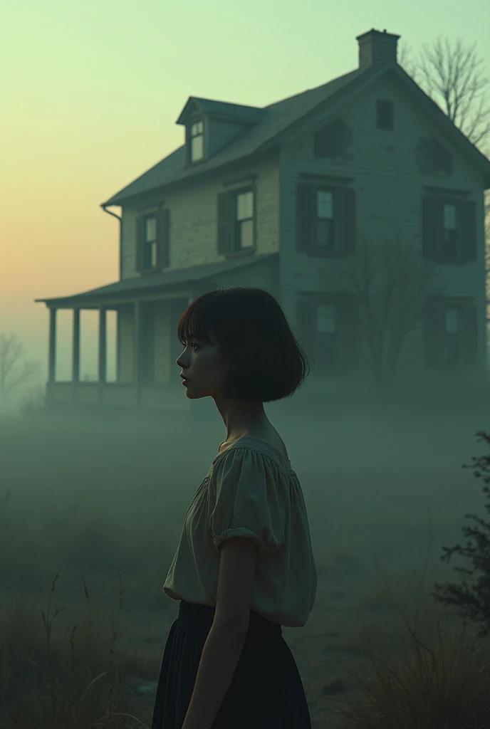 My girlfriend is beautiful , bob haircut, fog, Old abandoned house, realism,  evening she looks around hoping for a miracle