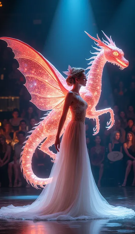 A dramatic stage performance featuring a glowing mythical creature with iridescent Red wings and a shimmering, ethereal body that resembles a hybrid of a dragon and a butterfly. The creature interacts gracefully with a woman in an elegant, flowing white go...