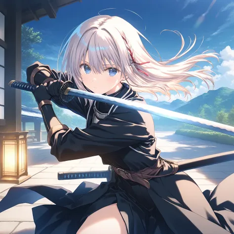 1girl, little female, beautiful detailed eyes,expressionless, katana, fighting pose, battoujutsu stance, outdoors,wind, fantasy, game CG, break,((artist:mitsumi_misato)),(artist:fujiyama),(artist:shida_kazuhiro),(masterpiece), (best quality), (ultra-detail...