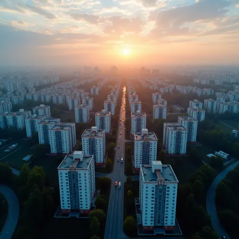 City at dawn, buildings are everywhere ,  the camera is in the middle of buildings , in Russia, without fog  ,  an area with many residential complexes, shops ,  roads are not in the center of  , and somewhere ,  little visible , 4K ,  so that you can see ...