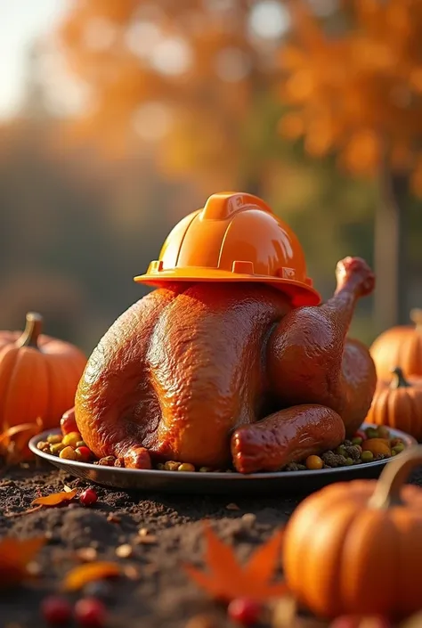 3D cinematic film.(caricature:0.2). 4k, highly detailed, A humorous and festive Thanksgiving scene featuring a roasted turkey wearing a bright orange construction helmet. The turkey is placed on construction site, a bold and cheerful text reads Happy Thank...