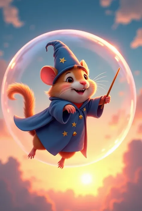 (masterpiece:1.2,Exceptional Quality,Mirror-like,, a cinematic experience , Best Illustration:2.0, super detailed),8k,wallpaper,(Magical bubbles),( animation with text:2.0),(Pixar Studios :2.0),(A hamster wizard is flying in the sky inside a large Magical ...