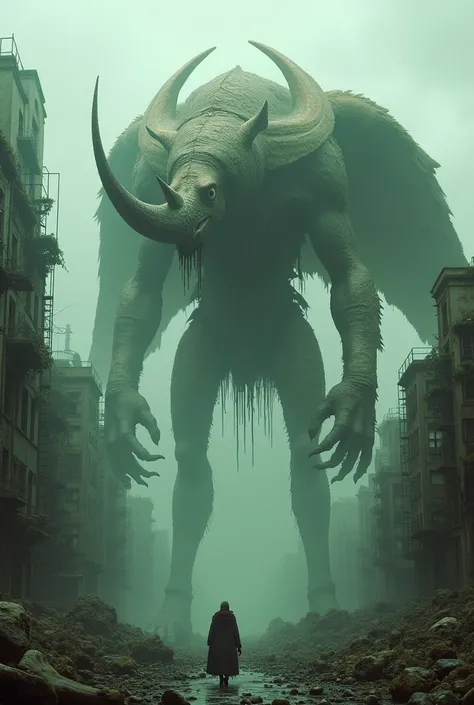 A towering hybrid of a rhinoceros, a vulture, and a decaying humanoid . Its horn drips with toxic acid, and its wings are tattered yet powerful, exuding a poisonous mist.
Background: A decimated city cloaked in green fog, with crumbling buildings overtaken...